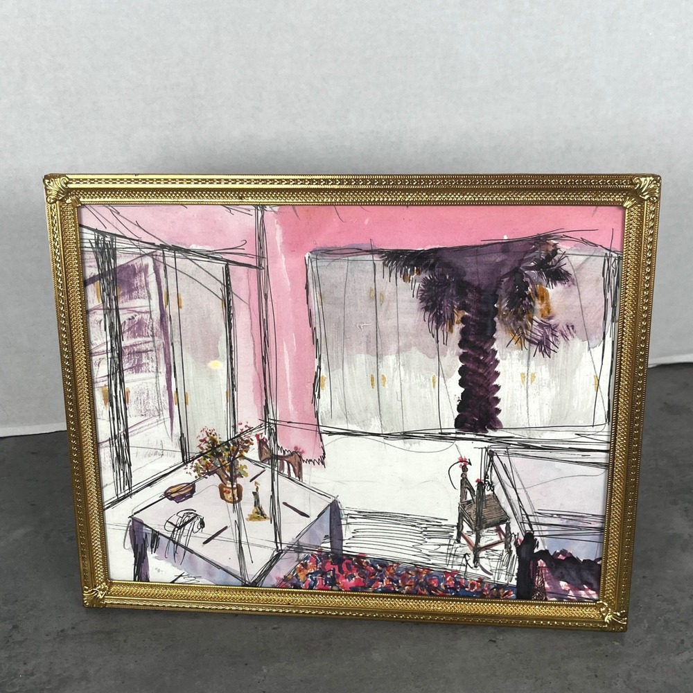 Framed Mixed Media Interior Scene Original Art Pink Gold Ornate Frame 8x10